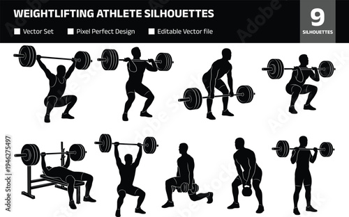 Collection of weightlifting athlete silhouettes performing barbell exercises including squat deadlift bench press clean and jerk strength training gym workout poses