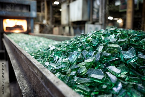 Pile of green recycled glass on a factory production line