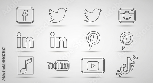 Collection of popular social media icons in a sketch outline style.