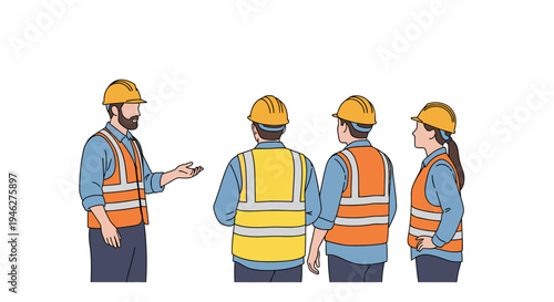 Supervisor conducting safety toolbox talk meeting with industrial workers