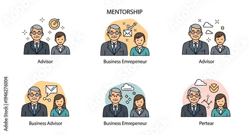 Mentorship concept illustrations showing different types of guidance and support.