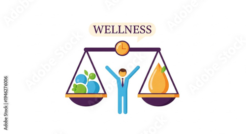 Wellness balance scales with person and icons representing health.