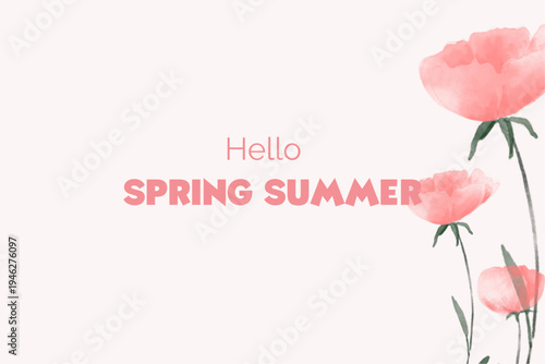 Spring floral in watercolor vector background. Luxury wallpaper design with pink flowers, line art, golden texture.
