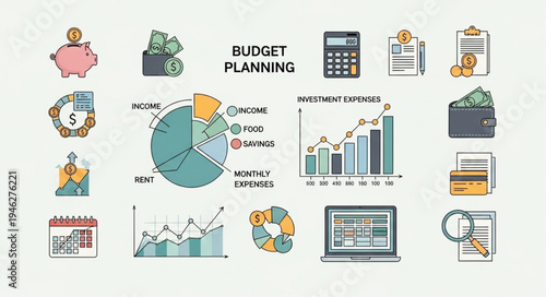 Budget Planning Financial Icons and Charts for Business Success.