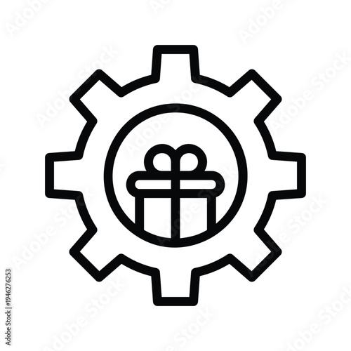 Gear with gift box icon symbol. Single line icon.
