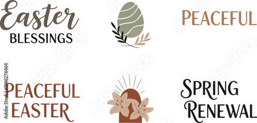 Easter and Spring Lettering Set with Boho Minimalist Elements, Floral Lilies, and Decorated Egg for Greeting Cards and Social Media