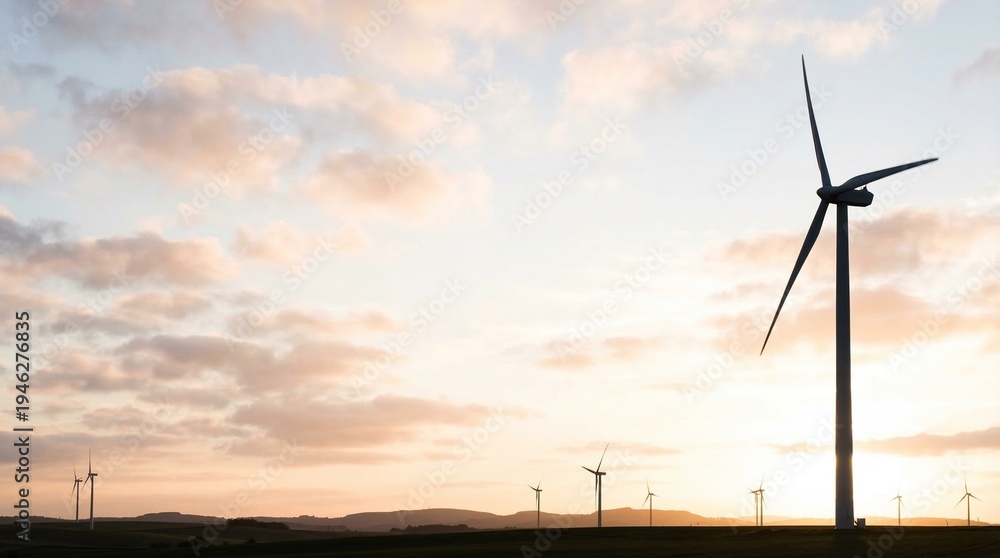 Obraz premium Wind turbine farm silhouetted at sunset. Features large renewable energy turbines against a golden hour sky with soft clouds and rolling hills. Scenic landscape photography for sustainability projects