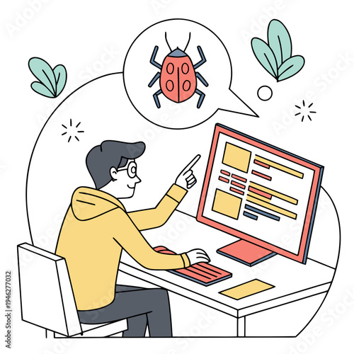 Programmer or developer working on a computer, pointing at a bug icon on the screen while debugging code.
