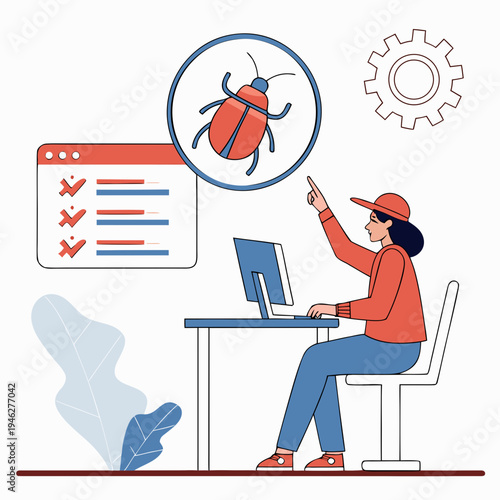 Programmer or developer working on a computer, pointing at a bug icon on the screen while debugging code.

