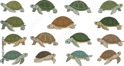 Sea Turtle Character Set with Different Swimming and Crawling Poses Featuring Marine Wildlife Animals Cartoon Vector Illustration Collection for Ocean and Nature Designs.