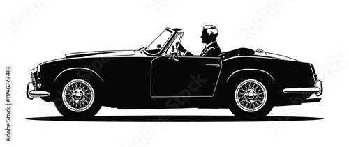 Vector of a classic convertible car in black with a driver behind the wheel