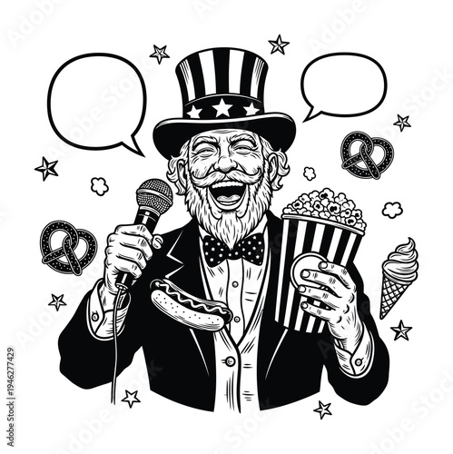 Vector of uncle sam holding a microphone, hot dog, and popcorn with speech bubbles around him