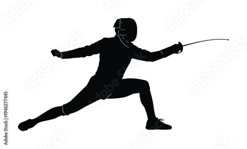 Vector silhouette of a fencer in a dynamic pose wearing protective gear and holding a sword