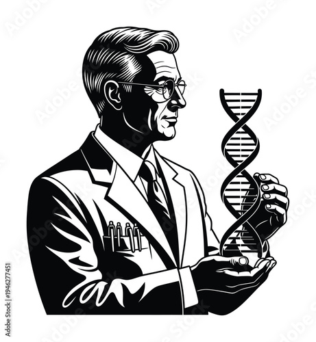 Vector of an older man in a lab coat holding a dna model for scientific analysis