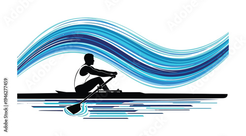 Vector silhouette of a paddleboarder rowing on a serene abstract blue wave background