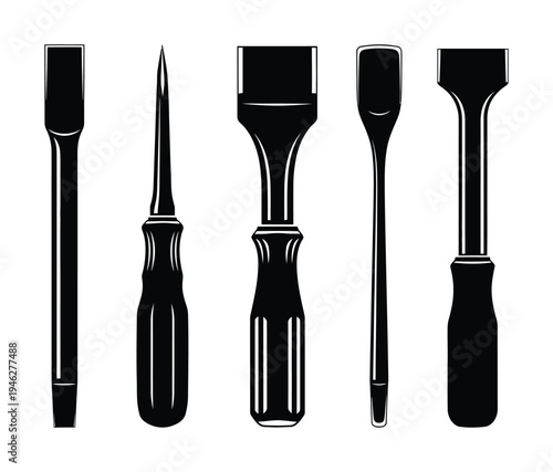 Vector of five different black woodworking chisels in a clean minimalist layout