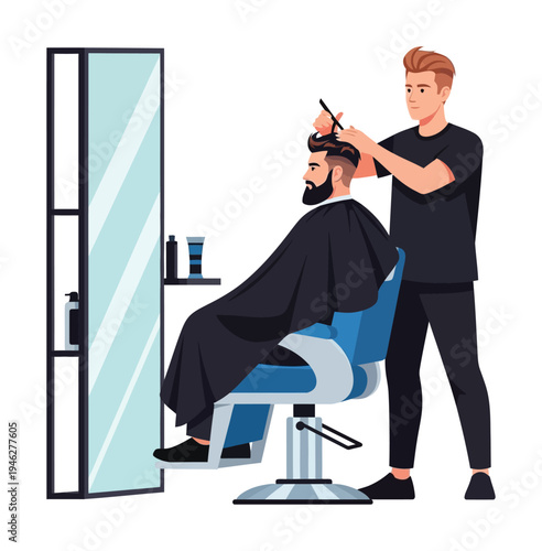 Vector of a barber cutting a bearded man's hair in a barber chair near a mirror