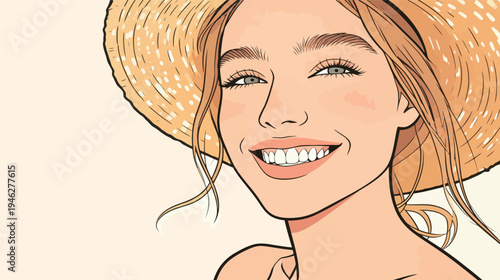 A woman smiles while wearing a straw hat. Her hair is flowing, and she shows a cheerful expression in this simple setting.
