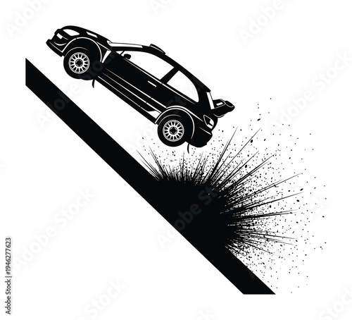 Stylized vector of a rally car drifting on a slanted terrain with debris flying in the air