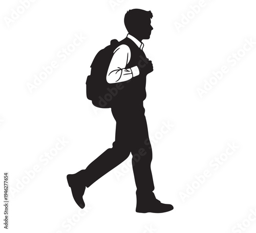 Silhouette illustration of a young boy walking with a backpack, ready for school or an adventure, in a simple vector style perfect for educational or travel themes