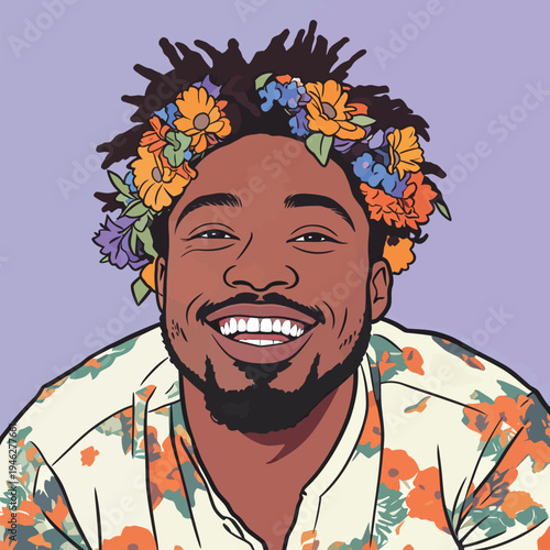 A man with dreadlocks wears a flower crown and a colorful shirt. He smiles happily while sitting against a purple background.