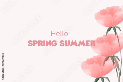 Spring floral in watercolor vector background. Luxury wallpaper design with pink flowers, line art, golden texture.
