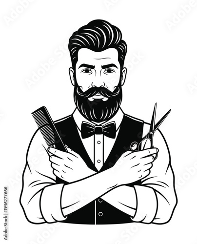Vector of a stylish barber with a beard holding a comb and scissors in his hands