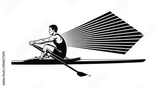 Vector of a rower in motion with dynamic lines showing movement in a sleek boat on water
