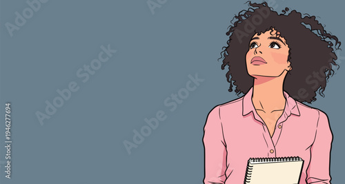 A woman stands with her head tilted up while holding a notebook. She appears to be thinking or brainstorming in an indoor space.