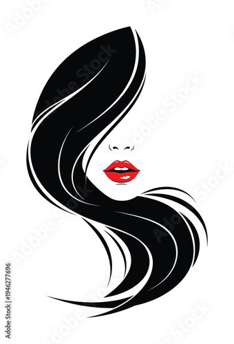 Bold, stylized vector of a woman's face with long black hair and bright red lips
