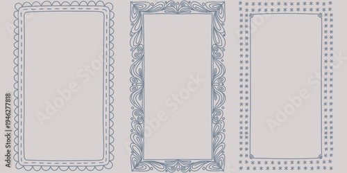 Collection of three distinct vertical vector border frames, featuring intricate scalloped, swirl, and star patterns for elegant graphic design and embellishment