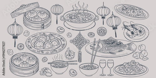 Detailed vector line art illustration of a traditional Chinese feast, showcasing an elaborate spread of delicious Asian cuisine, from dim sum to whole fish, with festive cultural decorations