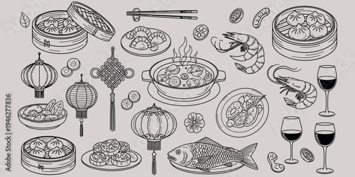Exquisite Asian Cuisine and Cultural Elements Vector Set featuring Hand-Drawn Dumplings, Seafood, Lanterns, and Traditional Dishes for Culinary Themes