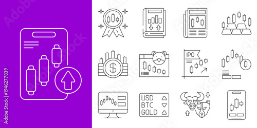 Vector line icons for financial market analysis, stock exchange, investment growth, cryptocurrency trading, and business data visualization