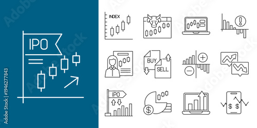 Financial IPO concept with trading charts and stock market growth icons for business and investment