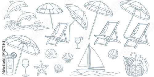 Comprehensive vector collection of summer beach vacation elements umbrellas, lounge chairs, refreshing drinks, majestic dolphins, and charming seashells for holiday designs