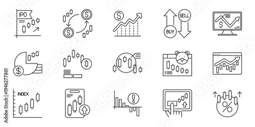 Financial market trading charts and investment analysis icons representing stock exchange performance and economic growth