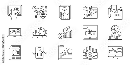 Modern Stock Market and Online Trading Vector Line Icons Collection Representing Financial Investment, Growth, and Economic Analysis