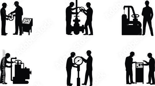 Industrial technicians operating pipeline valves and monitoring pressure gauges with machinery control panels, engineering maintenance worker silhouette vector illustration collection