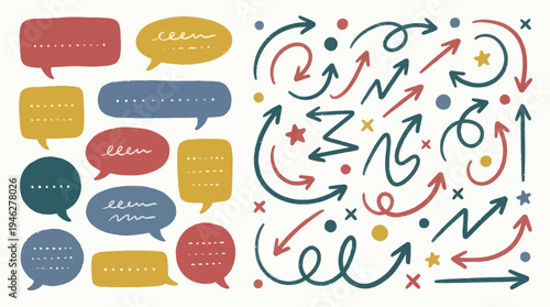 Hand drawn doodle speech bubbles and arrows vector design elements set