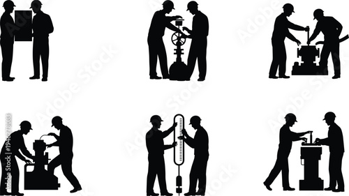 Industrial technicians repairing machinery and operating pipeline valves while monitoring pressure gauges, engineering maintenance worker silhouette vector illustration set