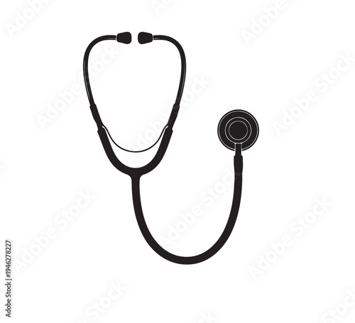 A black and white illustration of a stethoscope, a medical instrument used for listening to internal body sounds