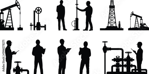 Oil and gas industry workers inspecting pumpjack drilling rigs and pipeline valves with refinery equipment, petroleum engineering silhouette vector illustration set