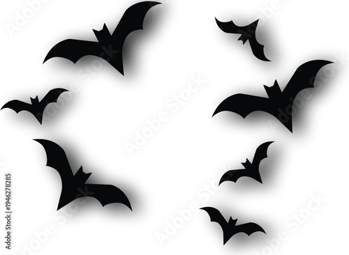 A striking vector illustration of multiple bats in flight against a clean white background, evoking mystery and nighttime ambiance, ideal for Halloween, wildlife, or gothic design projects.