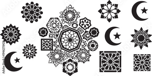Islamic geometric patterns and crescent moon designs in black