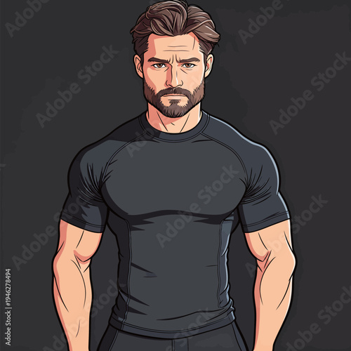 A man stands with arms crossed wearing a black fitted sports shirt. He has a strong build and focused expression in front of a dark background.