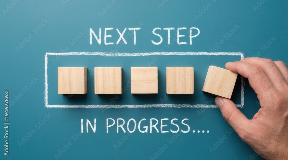 Fototapeta premium Human hand placing wooden block to complete next step progress bar on teal background for business project management concept