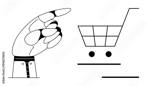 Hand gesture directing attention to a minimal shopping cart with geometric design and abstract face. Ideal for e-commerce, online shopping, decision-making, marketing, retail, consumer behavior