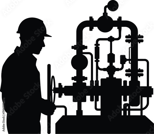 Silhouette industrial engineer controlling pipeline valve system, factory technician monitoring pressure equipment and pipes, engineering maintenance concept, vector illustration