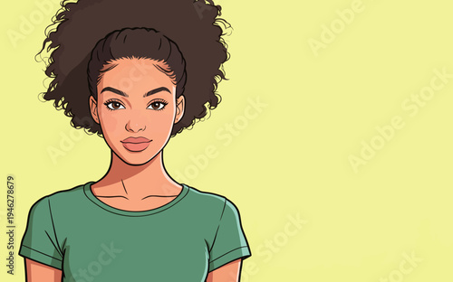 A young woman stands in front of a yellow background wearing a green shirt. She looks directly at the viewer with confidence.